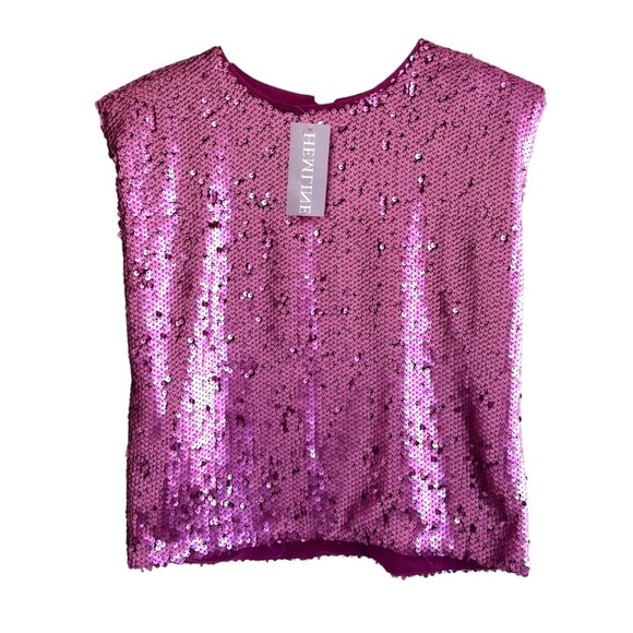 Hemline Hausen Pink Sequin Structured Shoulder Pad Blouse L NWT Festival Boho - Picture 3 of 16